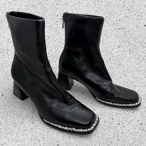 Randa Leather Block Heel Boots Square Toe Black Pearl Beaded Trim size M / US 7